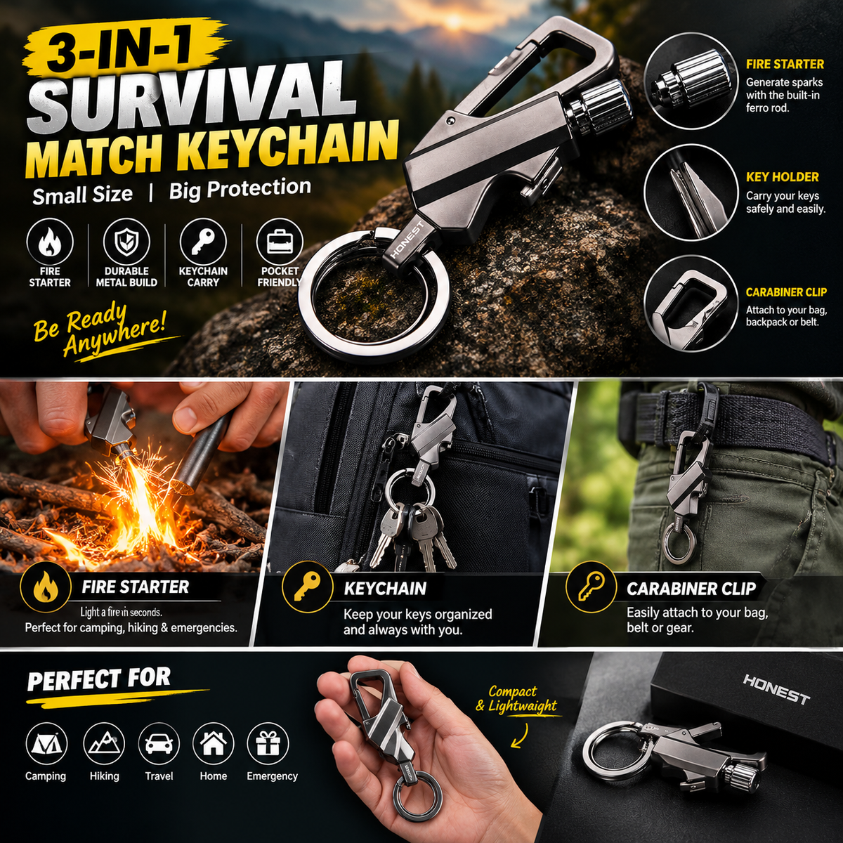 3-in-1 Survival Match Keychain